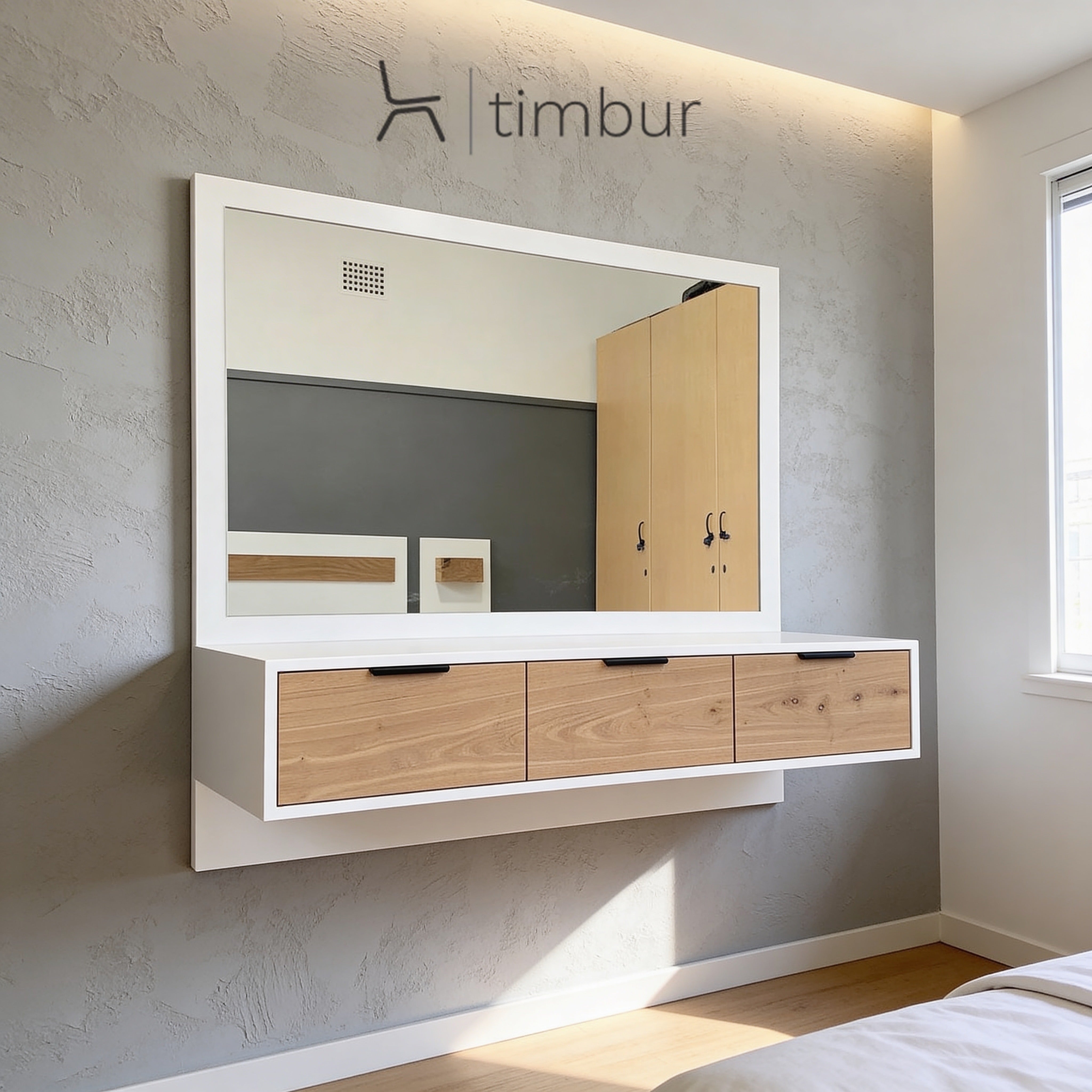 Floating Dresser Table, ONE Wall Hung Dressing Table with Solid Wood  Accents