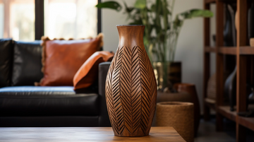 Carved wooden vase in modern luxury living room.