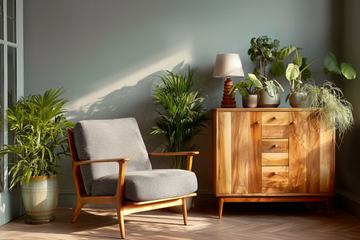 High-quality timber furniture, including a wooden sideboard and armchair.