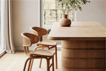 Minimalist Feng Shui dining room featuring a natural timber furniture table and chairs.