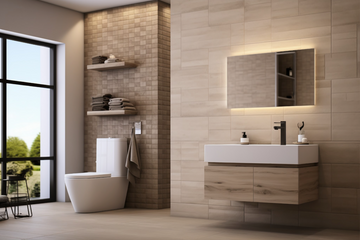 Modern bathroom with a floating timber vanity, open wood shelving, and backlit mirror.