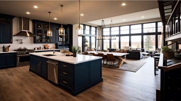 Modern open-plan kitchen and dining layout.