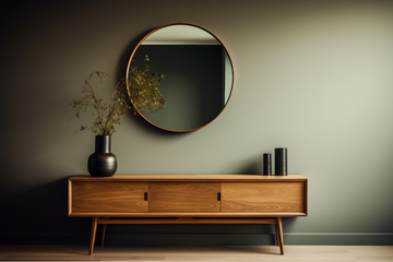 Modern timber credenza and circular mirror in a rental home.