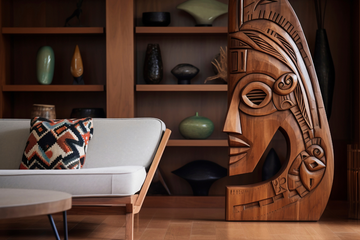 A modern living room featuring classic timber furniture and a large wooden sculpture.