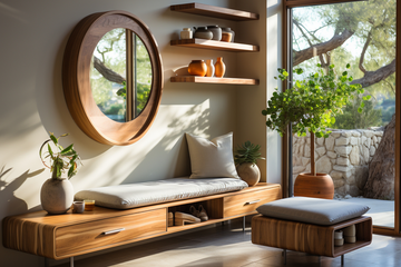 Handcrafted timber furniture bench and shelves in a modern living space.